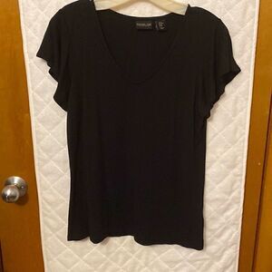 Black tee shirt with ruffle sleeve detail